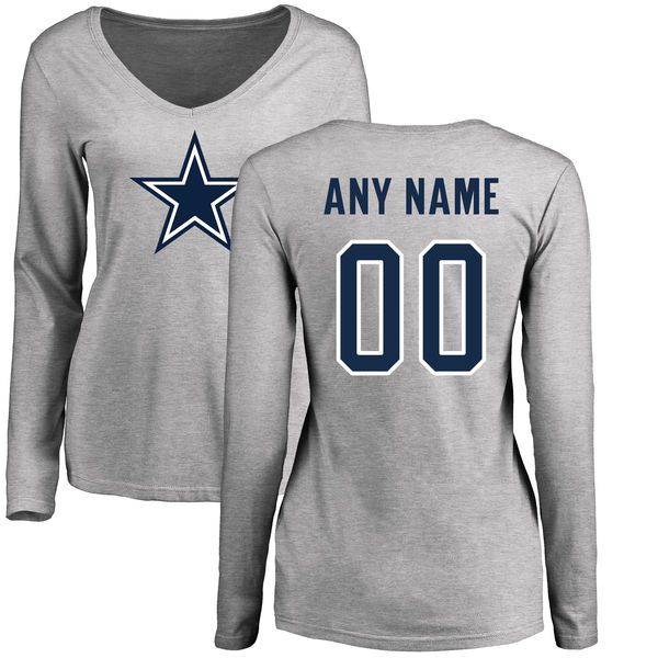 Women Dallas Cowboys NFL Pro Line by Fanatics Branded Ash Custom Name and Number Logo Long Sleeve T-Shirt->nfl t-shirts->Sports Accessory